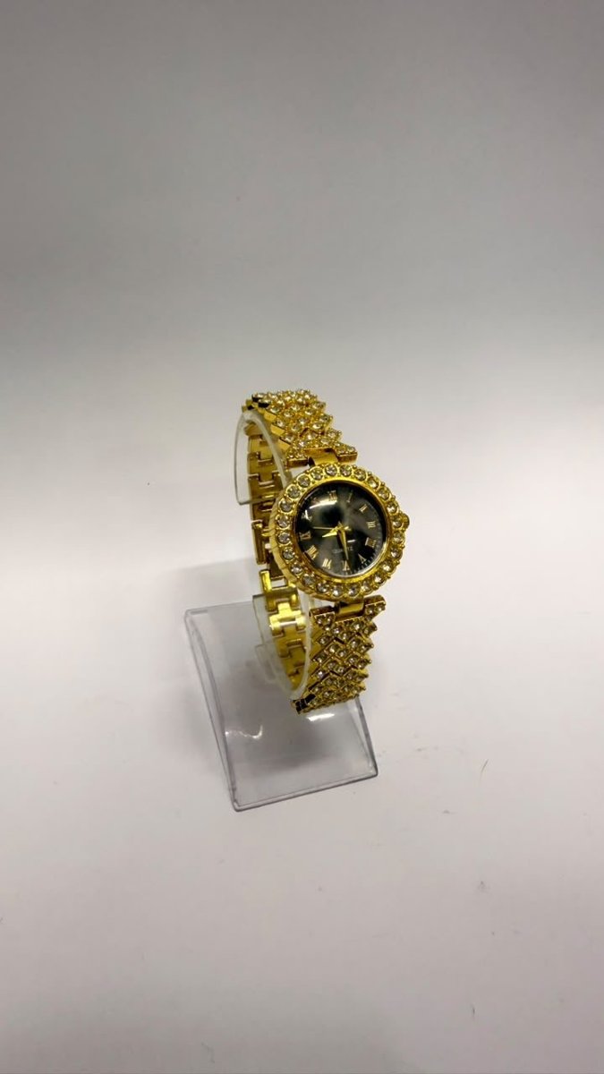Reloj-Brazalete Dorado Para Dama Con Fondo Negro Y Cristales 💎🖤, foto 1